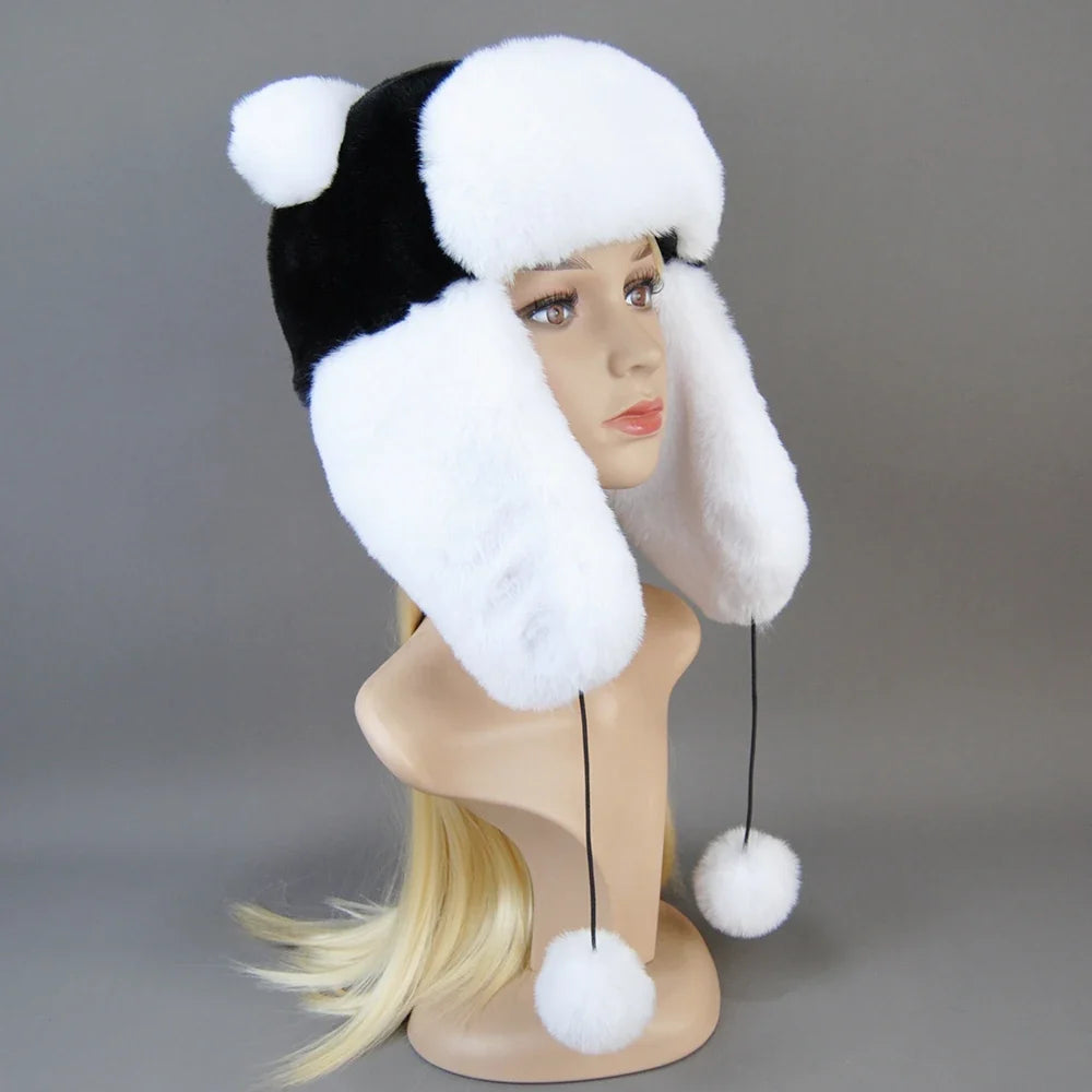 Hot Sale New Women False Rex Rabbit False Fur Hat Winter Warm Fur Hat Black and White Panda Cute Color Artificial Hat