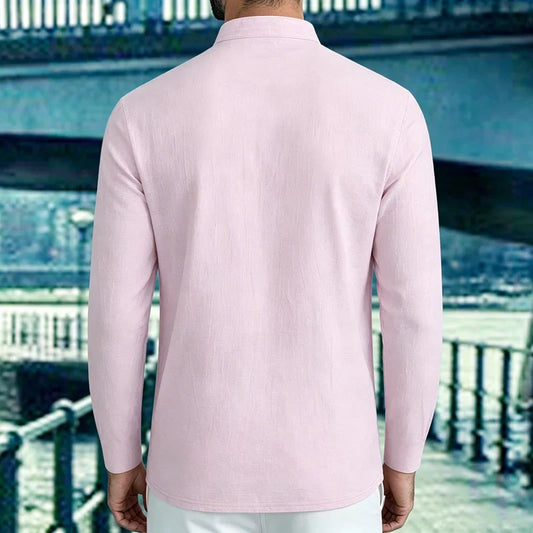 Men Mandarin Collar Long Sleeve Henley Cotton Linen Shirt Chest Pocket Breathable Beach Travel Daily Casual V Neck Top