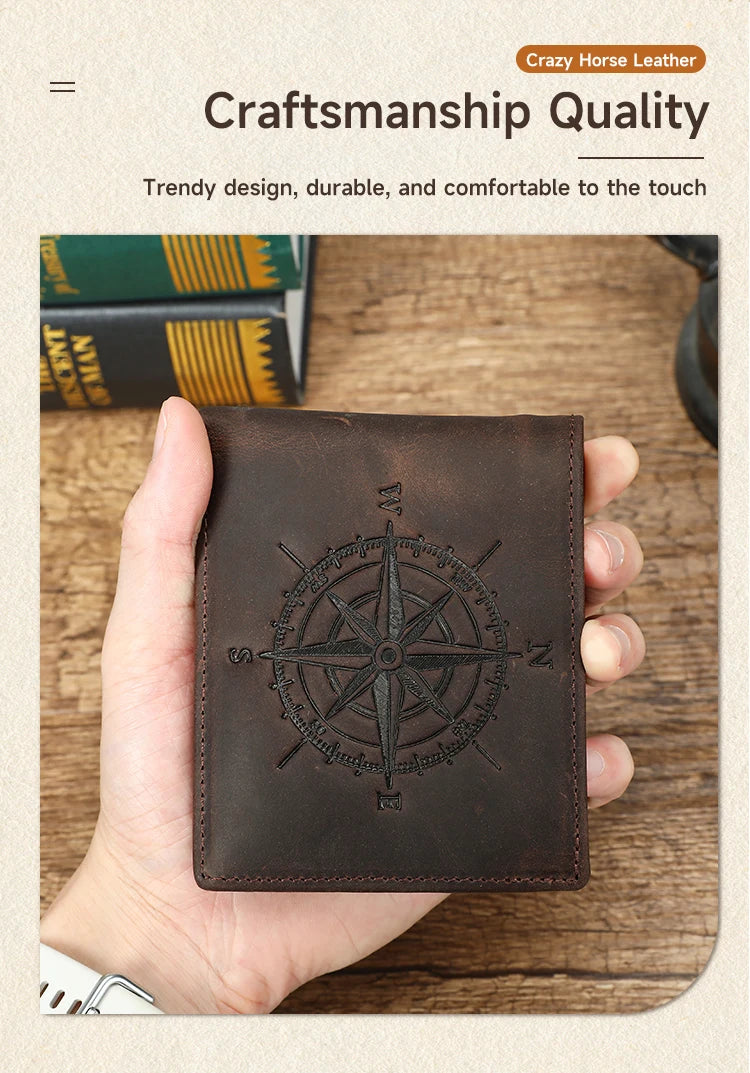 Compact-patterned Crazy Horse leather men's wallet, prone to scratches and repairable