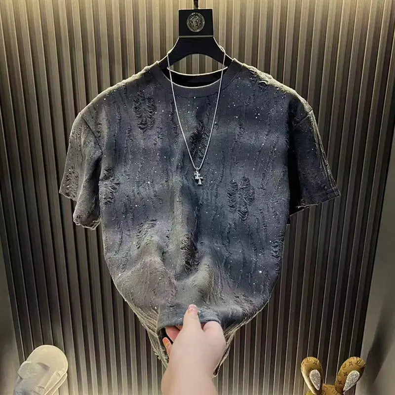2025 Hot New Summer Men's Short-sleeved Trendy Luxury Distressed Round-neck Half-sleeve T-shirt Top
