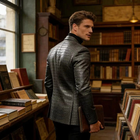 Men's Crocodile Embossed Leather Blazer British Vintage Notched Lapel Slim Fit Business Suit Jacket Two Button Flap Pockets Coat