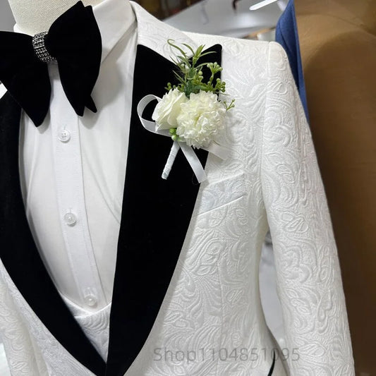 Ivory Jacquard Men Suits Peak Lapel Business Wedding Groom Tuxedos Slim Fit Blazer Vest Pants for Prom 3 Pieces Costume Homme