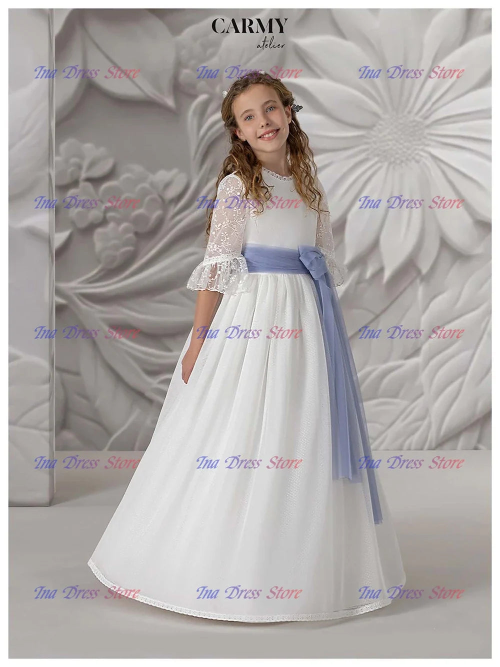 Elegant Long-sleeved Tulle Lace Printing Flower Girl Dress Princess Ball First Communion Dresses Kids Surprise Birthday Present