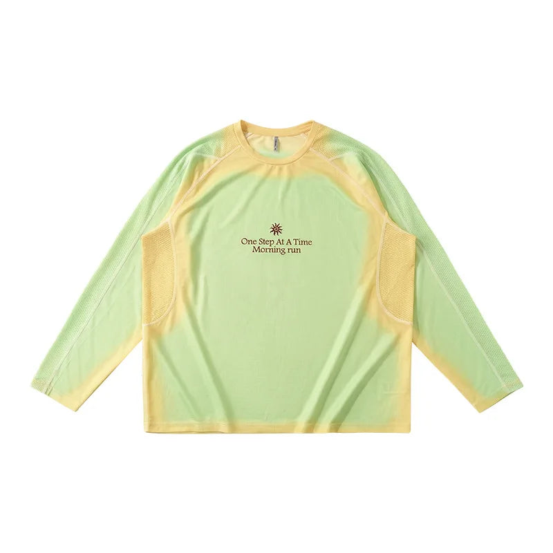 Men's Outdoor Running Long Sleeve T-Shirt Gradient Color Digital Print Quick Dry Breathable Sports Top Unisex
