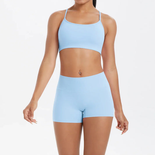 2PCS Yoga Clothes Halter Yoga Top Set Fitness Gym Suit Crossover Back Sports Underwear Workout Gym Shorts Fitness High Waist
