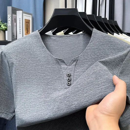 2026 New Men's Business Casual Three Button V-neck Short Sleeved T-shirt Korean Style Summer Comfortable Versatile Top