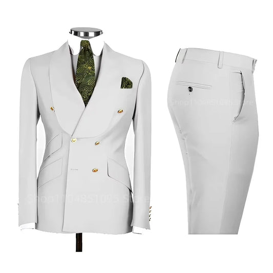 2 PCS Men's Smart Casual Solid Formal Tuxedo Suits with Shawl Lapel Double Breasted Jacket And Pants for Business And Wedding