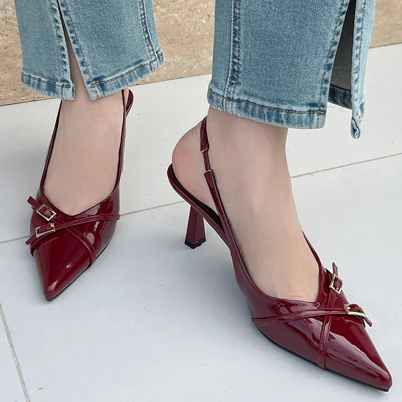 Big Size Footwear Wine Red Women High Heels Shoes Fashion Pointed Toe Pumps Ladies Thin Heels Shoes Female Slingbacks Slides