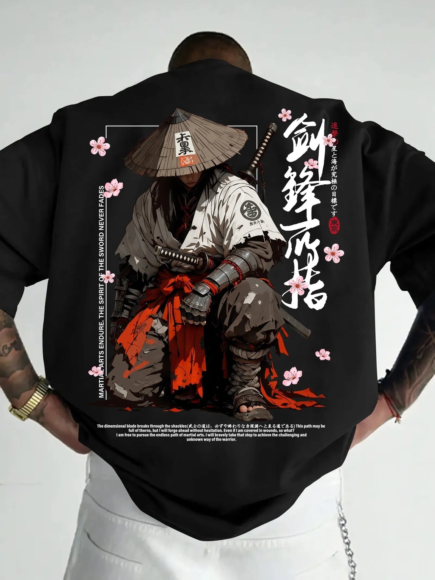 Summer Men's Japanese-style Ink-wash Samurai Pattern Casual Sports Street Style Trendy Short-sleeved T-shirt Soft Breathable