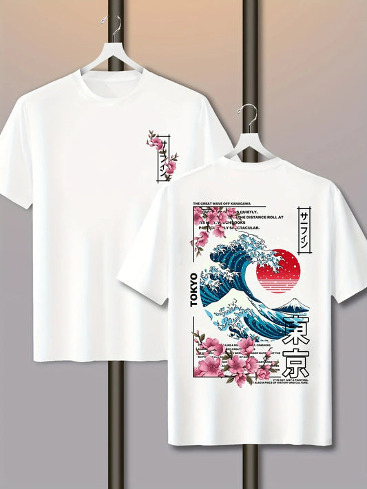 Men's Casual Tokyo Island Sunset Wave Print 100% Cotton T-shirt Short-sleeved Summer Breathable Street Trend Loose Comfortable