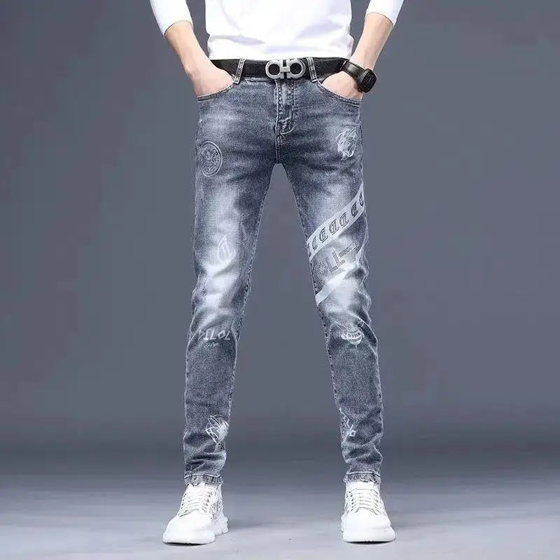 High End Stylish Classic Distinctive Printed Black Stretch Denim Jeans for Men High Quality Slim Fit Stretch Luxury Denim Pants