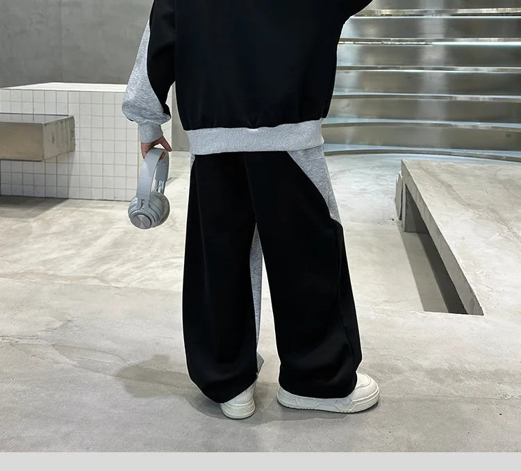 Spring Boys Black x Grey Contrast Pullover Sweatshirt+Sweatpant Work Set School Kid 2PCS Tracksuit Children Jogger Outfit 5-16Yr