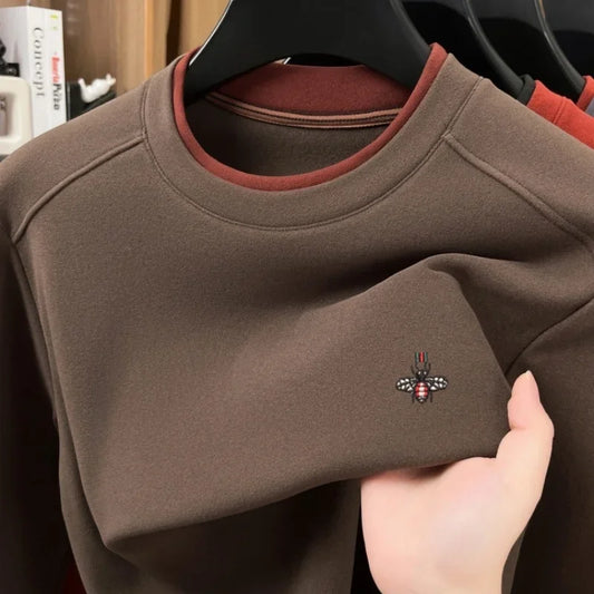 High end brand velvet long sleeve T-shirt men's autumn new fashion Korean bee embroidery comfortable warm round neck pullover