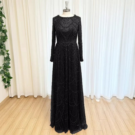 Customized Beads Luxurious Women's Evening Dresses for Formal Occasions Sequins. Long Sleeves Round Neck Luxury Party Dress