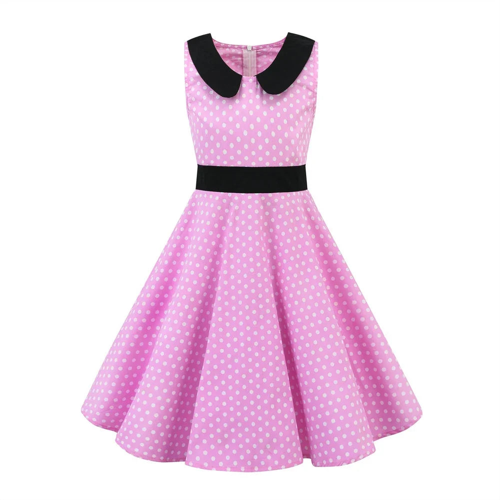 LPATTERN Girls' Vintage Rockabilly Dress Party Retro Polka Dot Floral Pattern A-line Dresses Pleated Skirt Knee-Length for 4-10Y