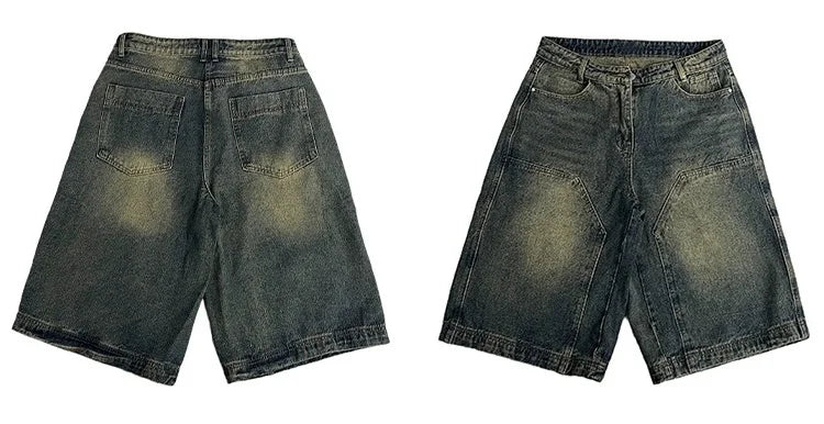 American Retro Washed High Street Jeans Shorts Men's Loose Straight Leg Wide Leg Vintage Casual Versatile Six Seven Pants