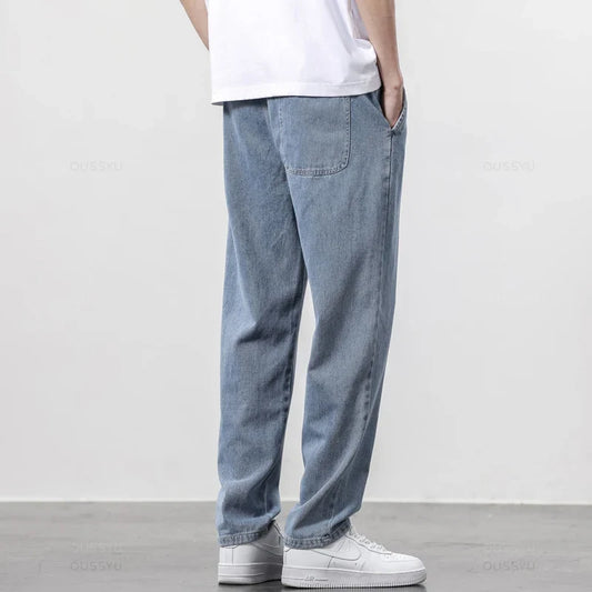 High Quality Fully Elastic Waist Men's Jeans Cotton Soft Drawstring Straight Pants Korea Casual Trousers Male Plus Size S-5XL