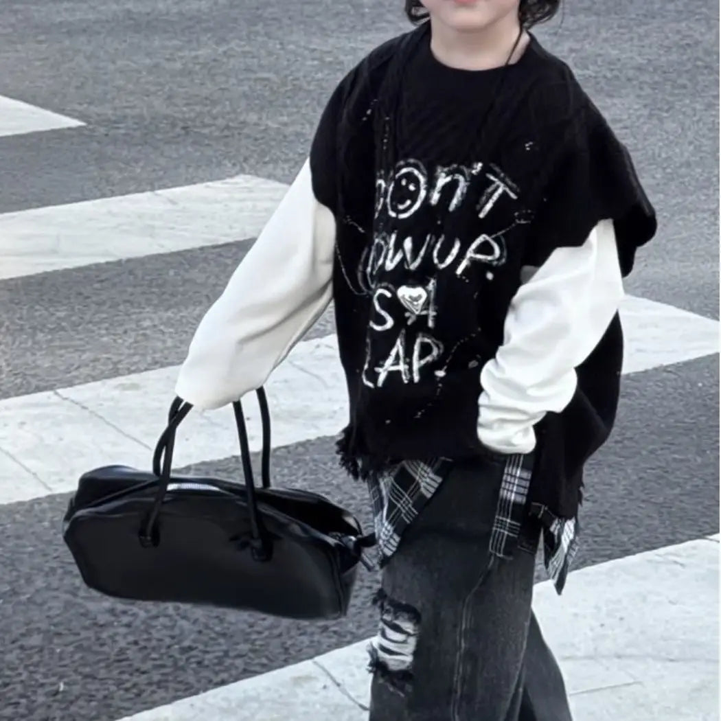 2026 Spring Fall Outfits Baby Kid Boys Knitted Letter Graffiti Vest+ Long Sleeved T-shirt +Grid Fart Curtain Hole Pants 3pcs Set