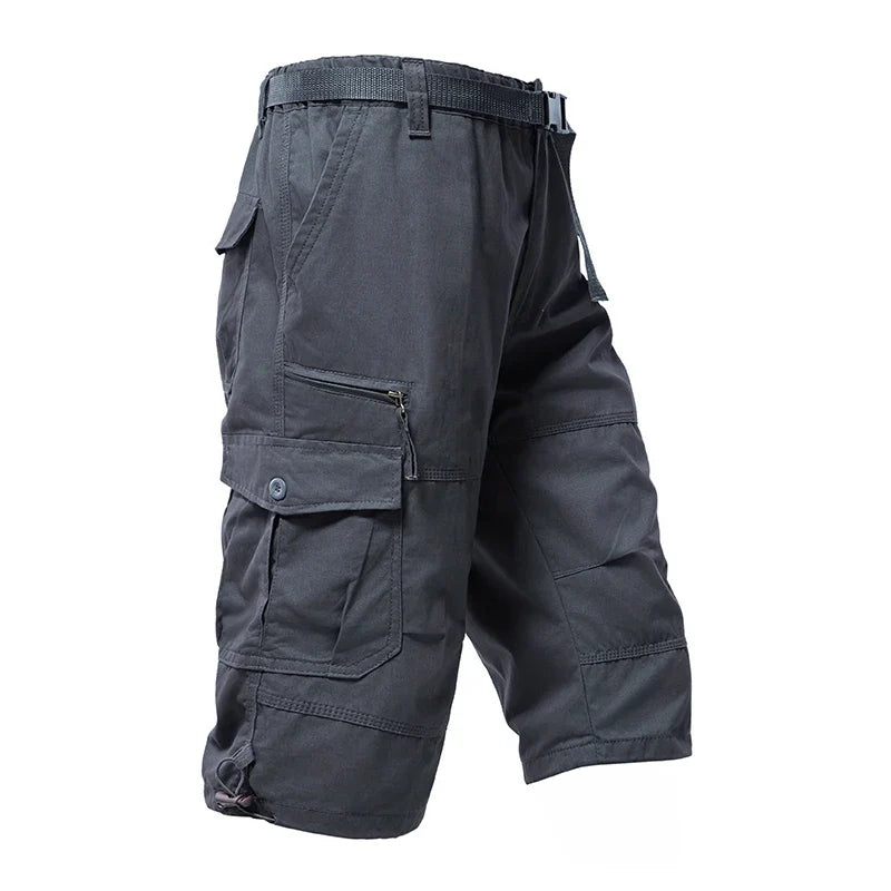 Mens Cargo Shorts 100% Cotton Casual Running Shorts Elastic Waist Hiking Outdoor with a Belt