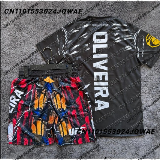 Charles Oliveira UFC Boxing Fighting Training Tee ShortsMen Breathable Speed Drying jersey Wrestling Running Sweat Absorbing Set