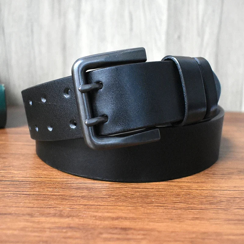 105-125cm Men's Retro Genuine Cowskin Belt Double Pin Buckle Waistband Business Luxury Belts Leather Craft Accessories