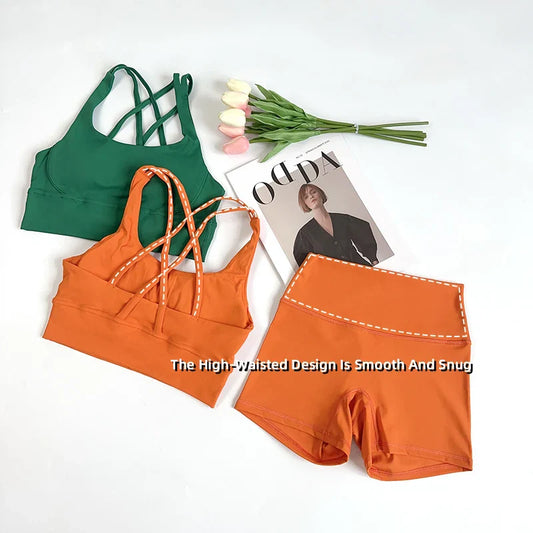 2Pcs Yoga Sets Naked Feel Gym Set Women Workout Clothes High Waist Yoga Shorts And Strappy Sports Bra Short Sets Summer