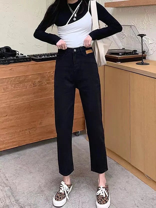 American Retro Deconstructed Bla Knife Jeans Women's Loose Silhouette Wide Leg Floor Length Trousers Casual High Waist...