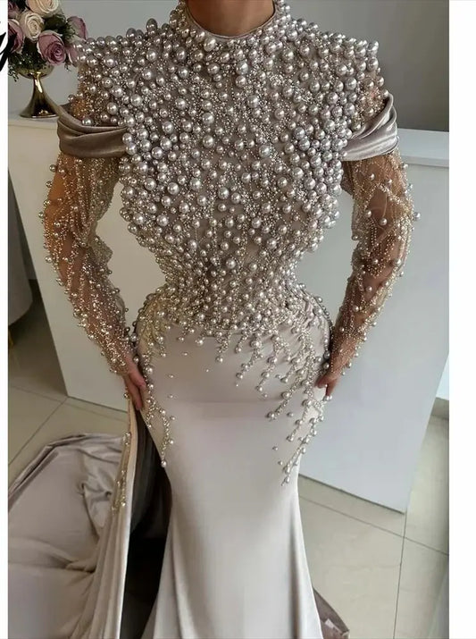 Aenyrst Light Beige Satin فساتين السهرة High - Neckline Party Dresses Pearl - Embellished and Mesh - Sleeve Mermaid