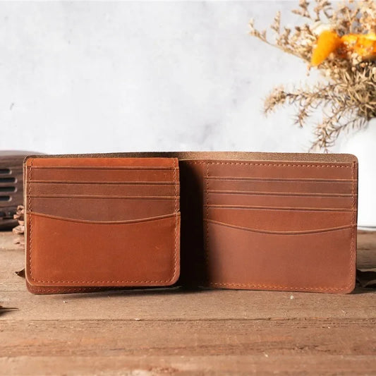 Portefeuille en cuir Crazy Horse fait à la main pour homme, pochette courte décontractée et simple en cuir véritable de première couche de vachette