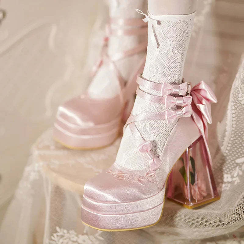 Original Lolita Red High Heels Women's Sweet Elegant Bow Velvet Mary Jane Shoes Ladies Birthday Party Cos Platform Shoes Spring