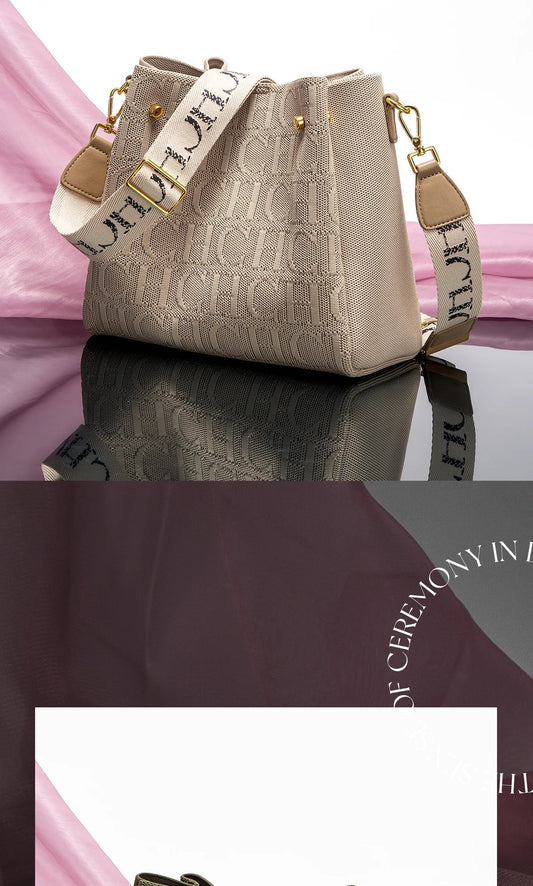 New Jacquard Letter Women Bucket Bag Wide Printed Strap Crossbody Purse Large Capacity Ladies Casual Daily Handbag Gift