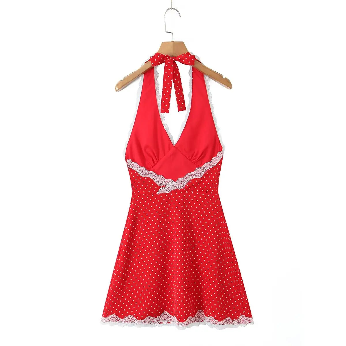 Lace Spliced Polka Dot Halter Dress Women Elegant A-line Mini Sexy Backless Dresses Summer Robe 2025
