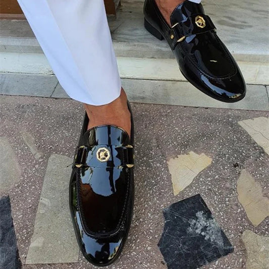 New Arrivals Loafers for Men Buckled Shiny Black Leather Shoes Slip-On Office & Career Dress Shoes Free Shipping Big Size 38-47