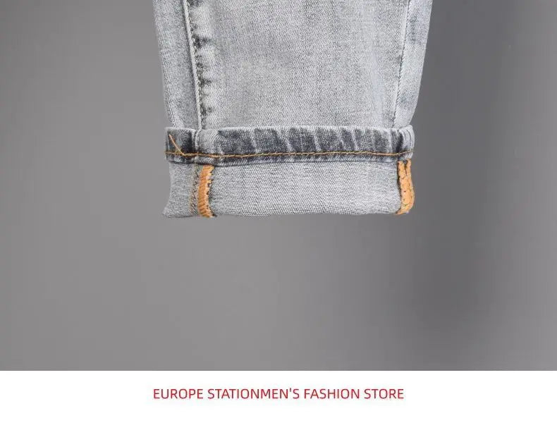 New Slim Fit Casual Jeans with Heavy Duty Ironing Drills Prints Branded Korean Style Clothes for Men Streetwear Washed Jeans