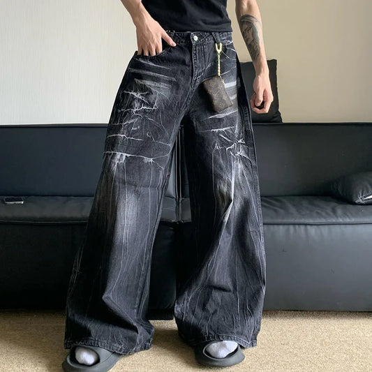 Autumn Winter Korean Vintage Jeans Lightning Pattern Design Men'S Loose Straight Leg Pants Casual Fashion Black Pants