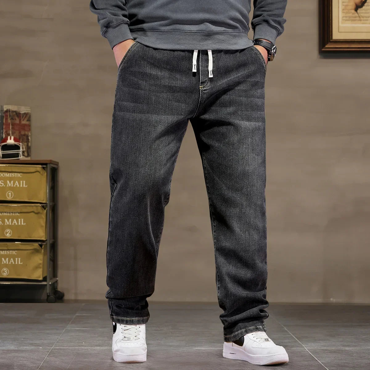 Extra Big Size Jeans Men High Elastic Waist Baggy Denim Pant Male Plus Large Loose Slim Fit Cowboy Trouser 8XL 6XL Classic Black