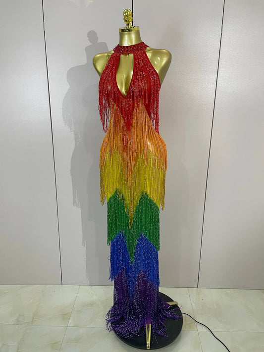 Women Sparkly Diamonds Graduated Rainbow Color Long Dress Sexy Mesh Evening Party Birthday Club Gowns Photoshoot Stage Costumes