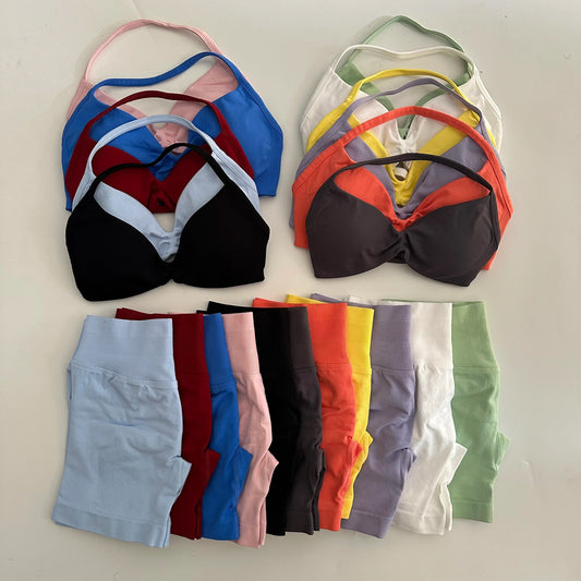 Yoga Gym Set Women Seamless Strappy Yoga Bra Top High Waist Workout Scrunch Shorts Sports Set Fitness Clothes Sportswear