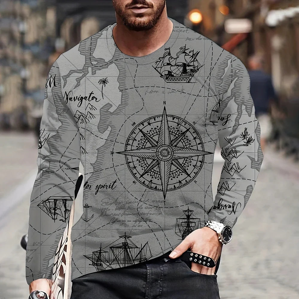 2023 Vintage Men's T Shirt Cotton Cross Pattern Long Sleeve 3D Clothing Nautical Map Print Street Harajuku Oversized