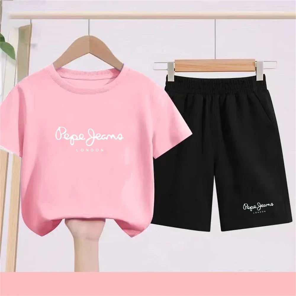 Summer T-shirt Children Short Sleeve Age 3-12 Girls Boy Set White Tshirt+Shorts 2pcs Youngster Cool Refreshing Kids Print Set