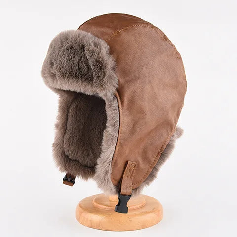 Faux Leather Winter Hats for Men Thickened Plush Fur-lined Bomber Trapper Hats with Ear Flaps Ushanka Russian Hats