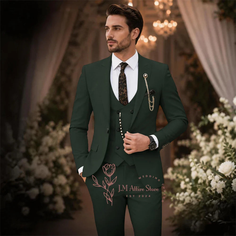 Sage Green Suit Men's 3 Piece Set Peak Lapel Jacket Vest Pants Custom Slim Fit for Wedding Groom Cocktail Party Tuxedo