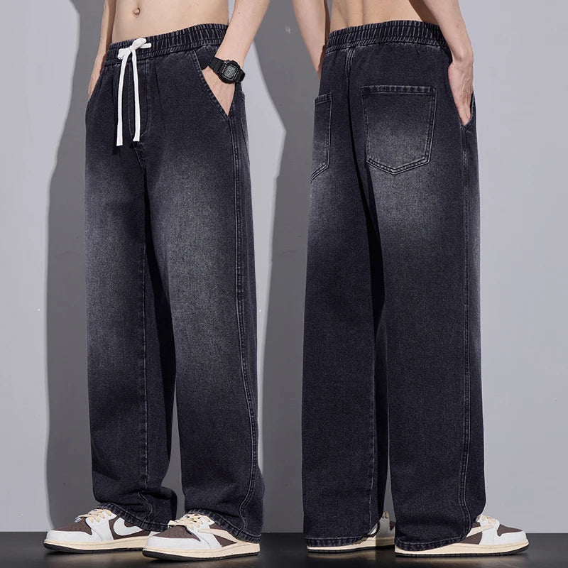 Men's Clothing Wide-leg Pants Baggy Jeans Streetwear Straight Fashion Denim Trousers Y2k Vintage Washed Elastic Waist Man Pants