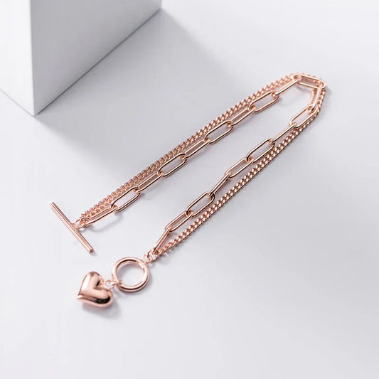 Bracelet manchette pour femme, en argent sterling 925, chaîne à maillons cœurs, deux couches, classique, bijoux fins et tendance