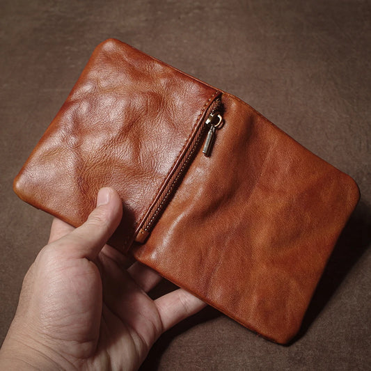 Portefeuille Vintage en Cuir Véritable pour Hommes et Femmes, Porte-Monnaie Zippé, Porte-Cartes d'Identité et de Permis de Conduire, Portefeuille Court en Cuir de Vachette Bifold