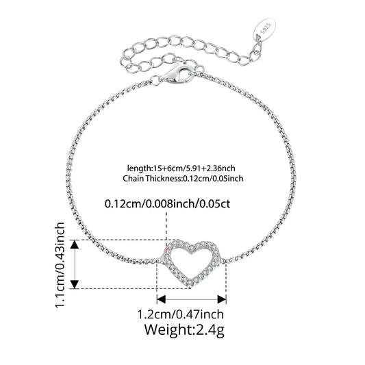 Bracelet en Argent Sterling 925 Cœur Creux Moissanite Réglable Chaîne de Poignet Nœud pour Femme Ado Cadeau d'Amour Minimaliste