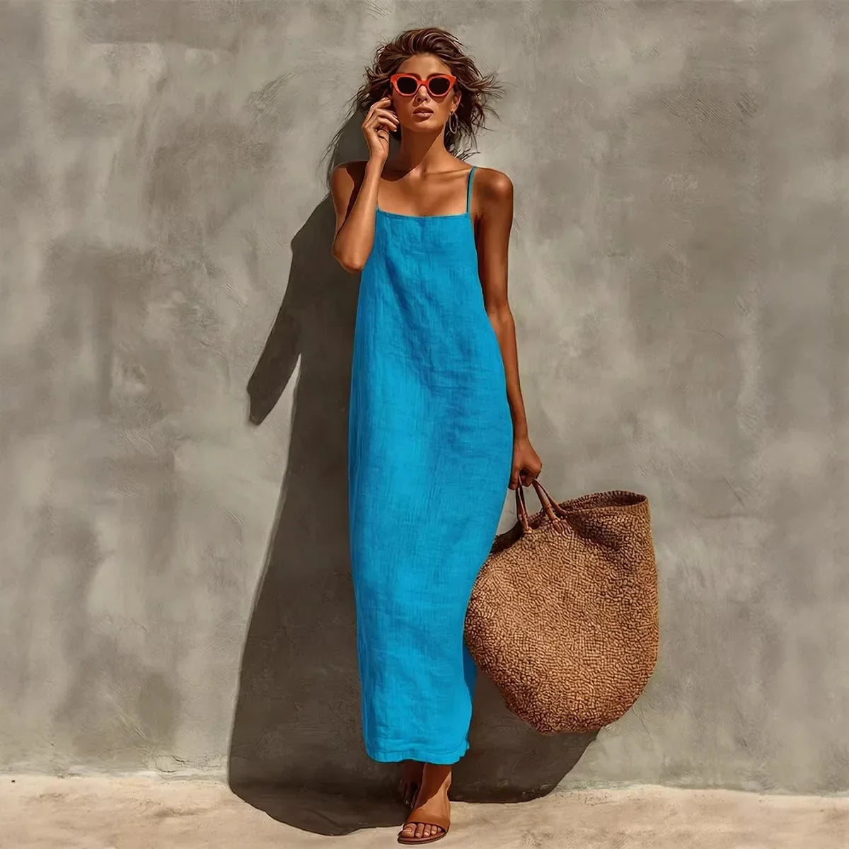 2026 Summer New Women Solid Color Spaghetti Strap Dress Loose Casual Comfortable Sundress