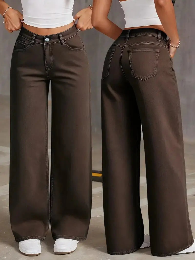 2026 New Brown Stretch Wide Leg Jeans Women High Waist Loose Straight Denim Pants Streetwear Casual Vintage Trousers