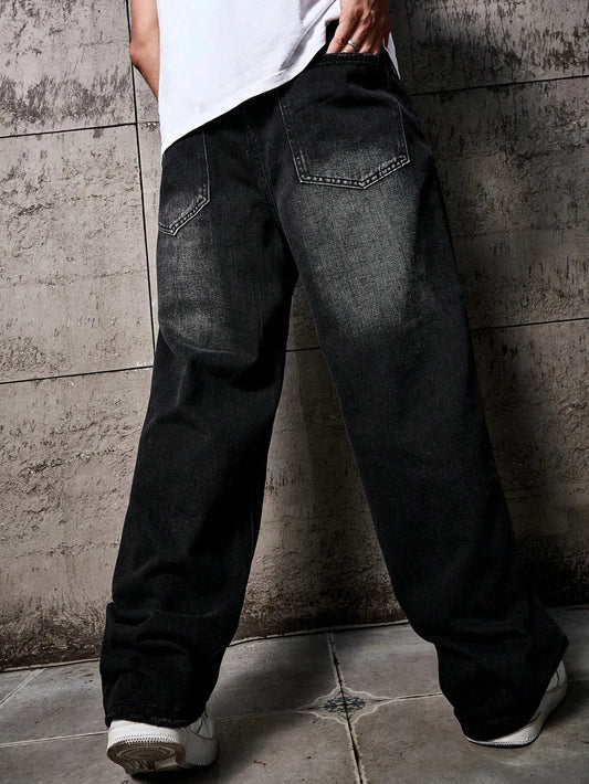 1pc Vintage Style Men's Black Washed Distressed Loose Wide Leg Relaxed Straight Jeans, Perfect Gift for Husband, Boyfriend