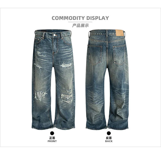 Unisex Retro Washed Aged Ripped Straight Leg Blue Jeans Torn Hole Z029#
